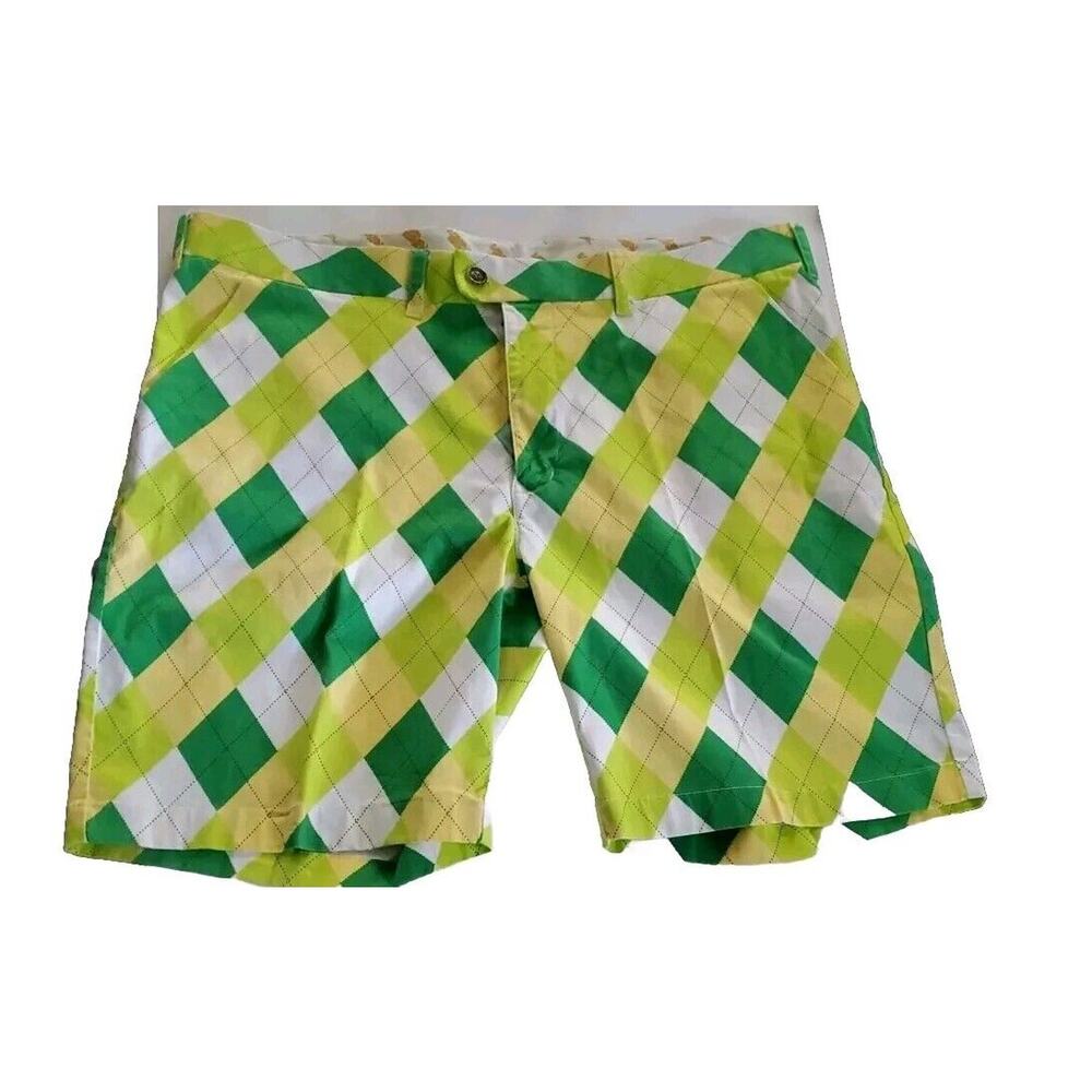 Loudmouth Golf Men's 42x32L Argyle Diamond Pattern Yellow Green White Zip Shorts